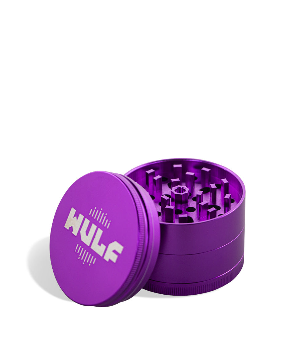 Purple Wulf Mods 65mm 4pc Grinder Open View on White Background