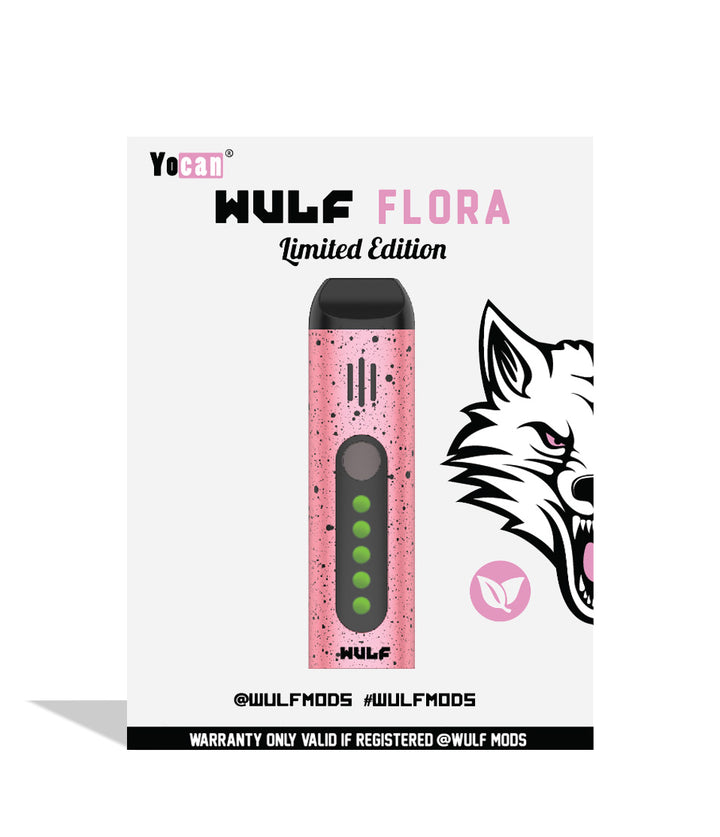 Pink Black Spatter packaging Wulf Mods Flora Portable Dry Herb Vaporizer on white background