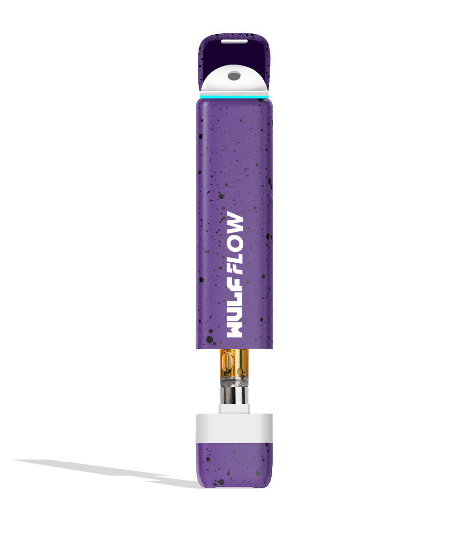 Purple Black Spatter Wulf Mods Flow Auto Flow 510 Voltage Battery front view with cart showing on white background