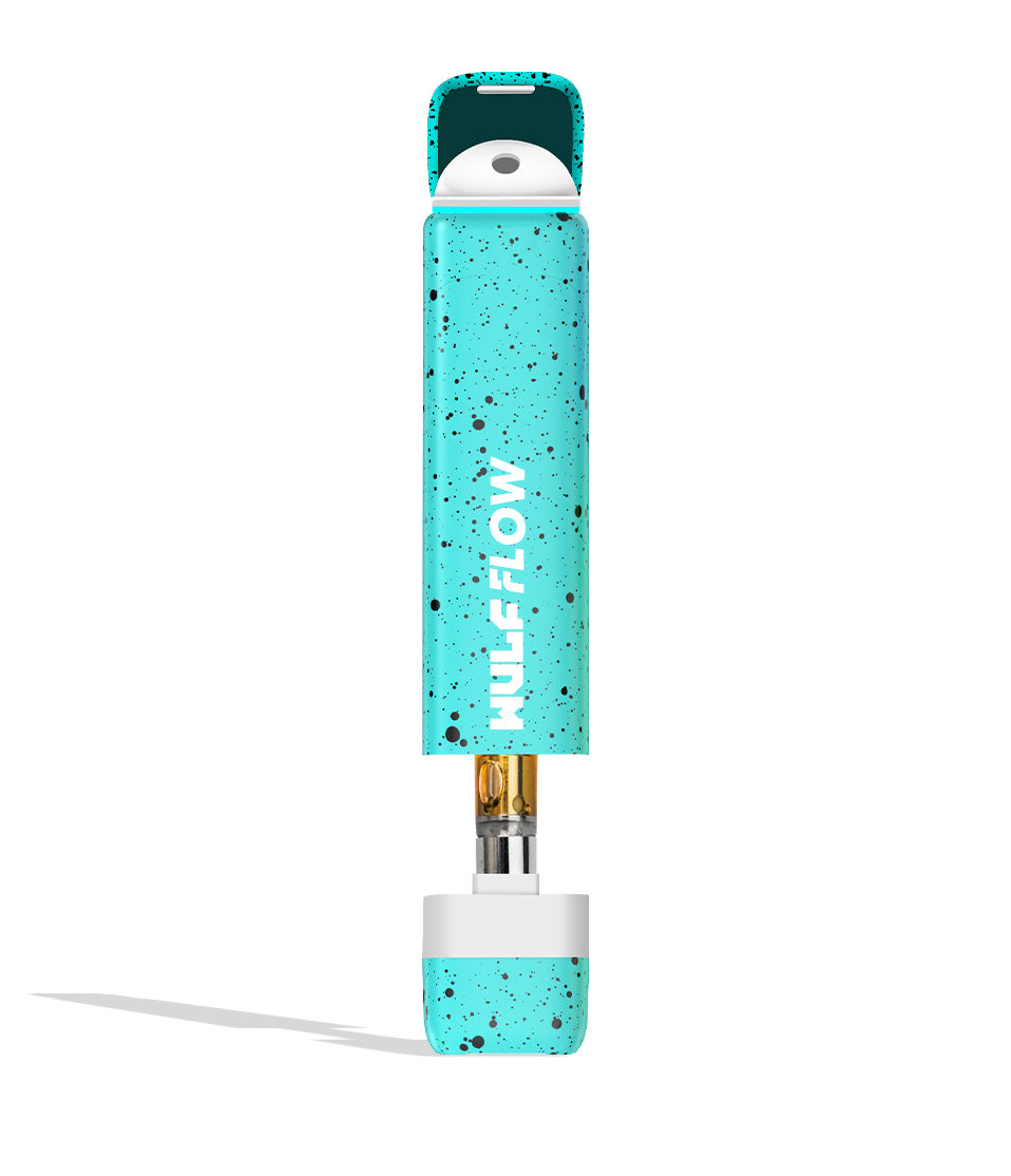 Teal Black Spatter Wulf Mods Flow Auto Flow 510 Voltage Battery front view with cart showing on white background