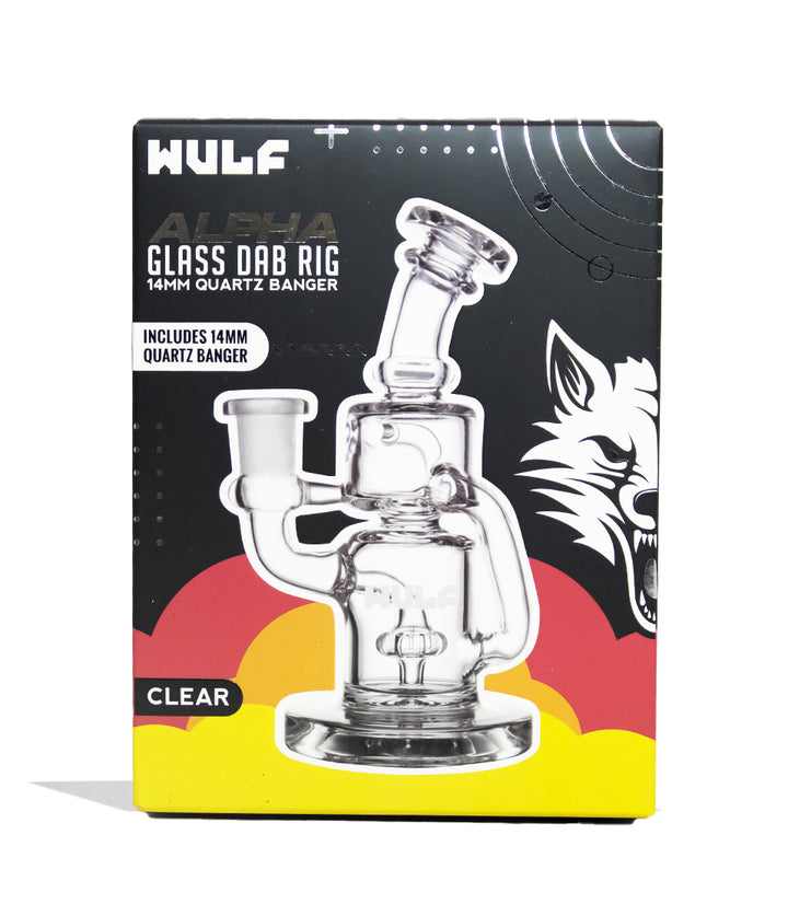 Clear Wulf Mods Alpha 14mm Dab Rig with Quartz Banger Packaging Front View on White Background