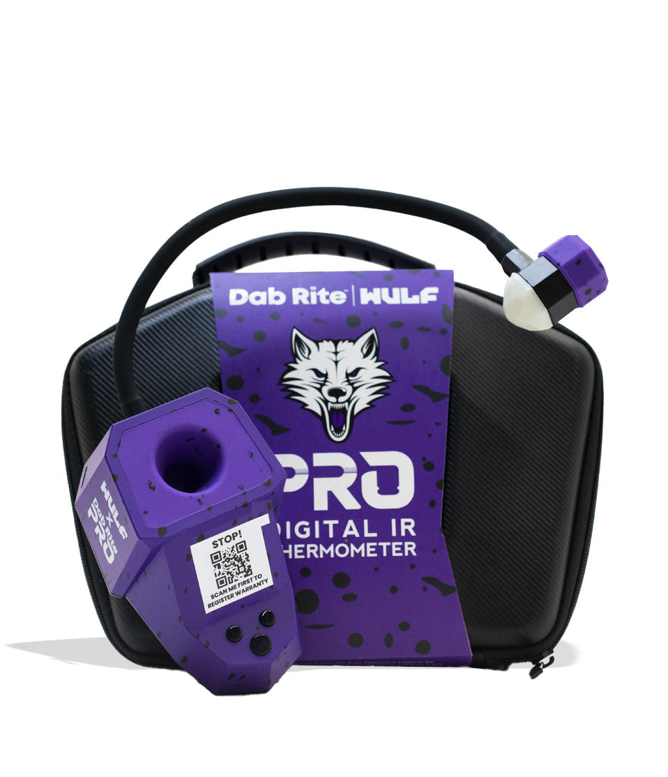 Purple Black Spatter Wulf Mods Dab Rite Pro Digital IR Thermometer packaging on white background