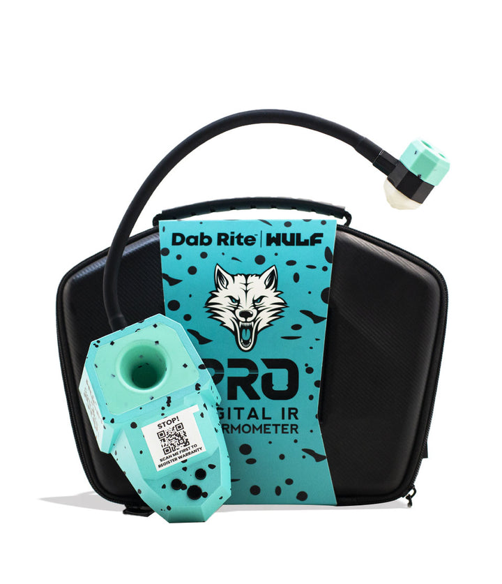 Teal Black Spatter Wulf Mods Dab Rite Pro Digital IR Thermometer packaging on white background