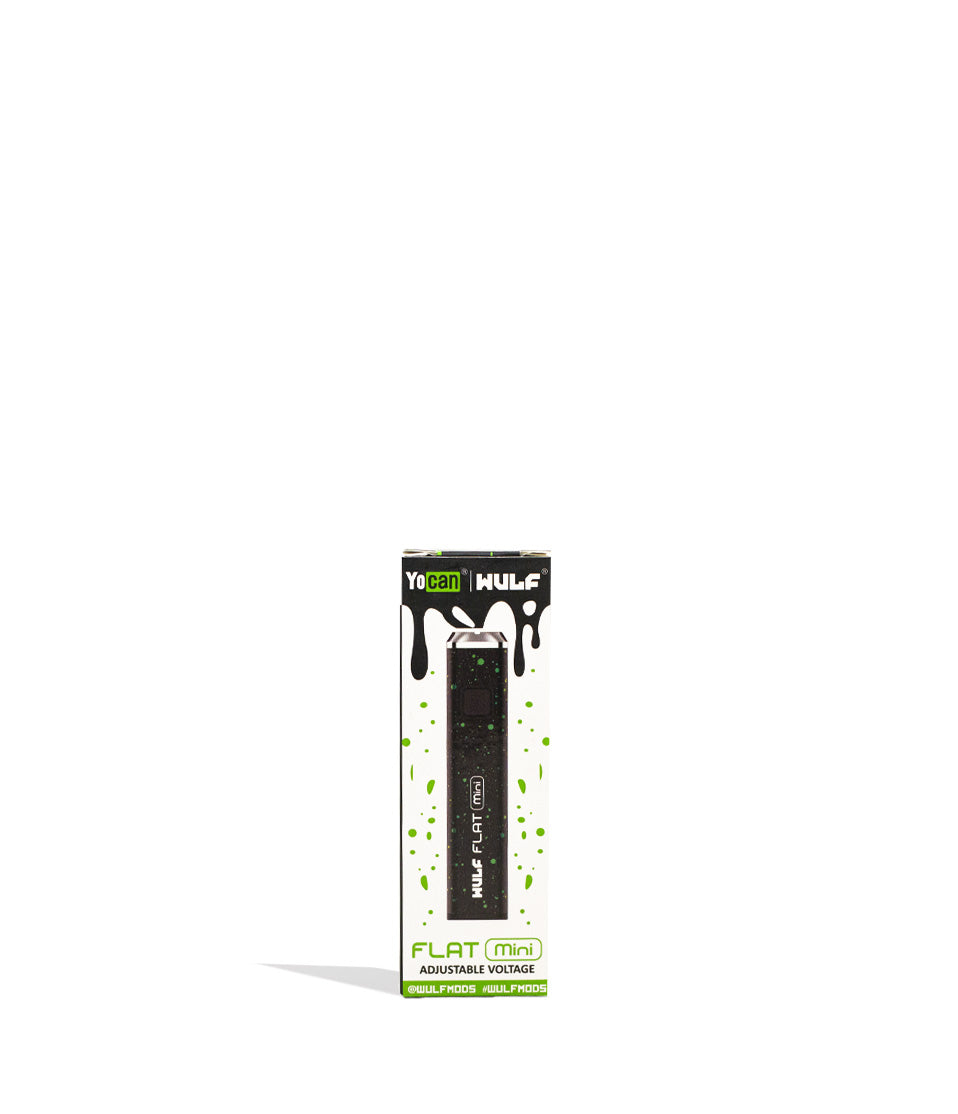 Black Green Spatter packaging Wulf Mods Flat Mini Cartridge Battery on white background