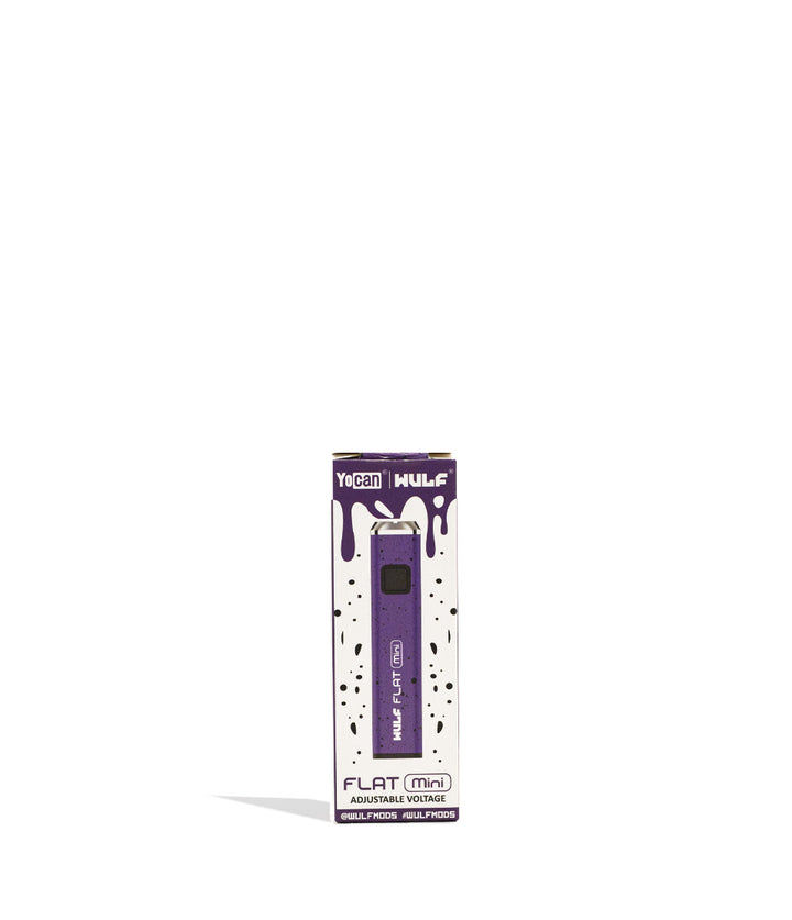 Purple Black Spatter packaging Wulf Mods Flat Mini Cartridge Battery on white background