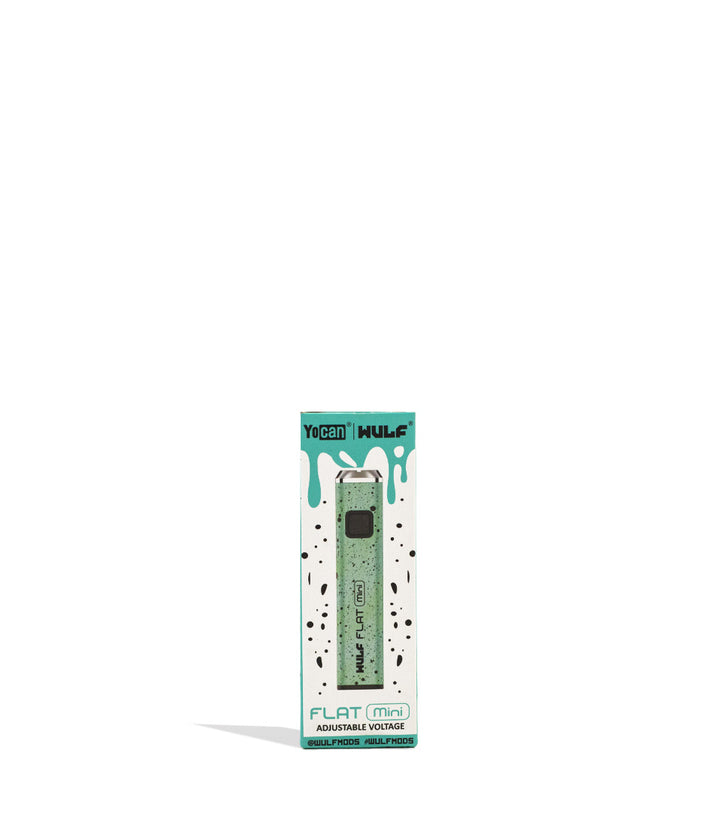 Teal Black Spatter Wulf Mods Flat Mini Cartridge Battery Packaging Front View on White Background