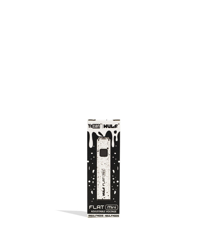 White Black Spatter Wulf Mods Flat Mini Cartridge Battery Packaging Front View on White Background