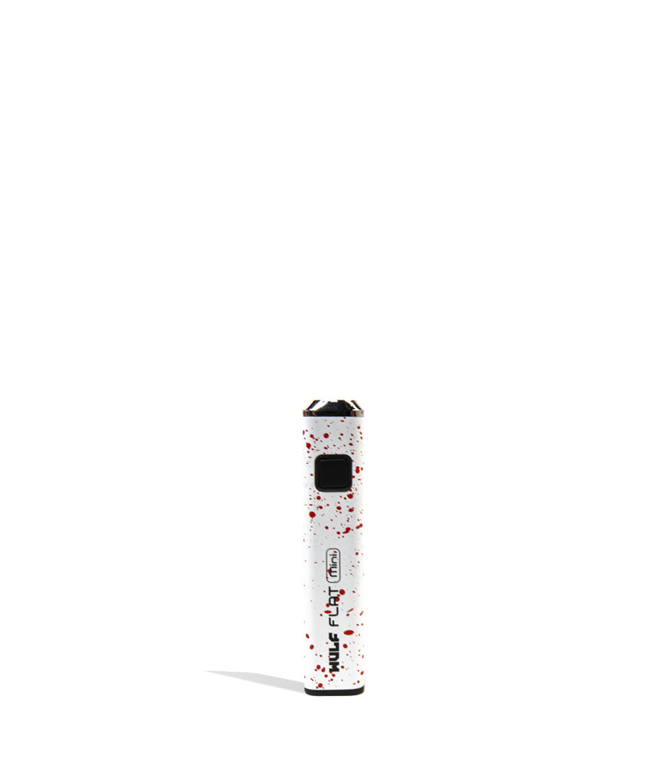 White Red Spatter Wulf Mods Flat Mini Cartridge Battery on white background