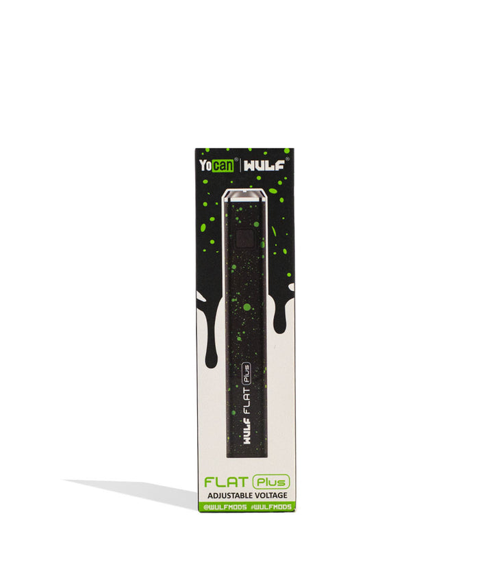 Black Green Spatter packaging Wulf Mods Flat Plus Cartridge Battery on white background