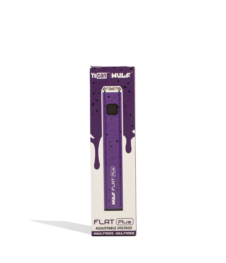 Purple Black Spatter packaging Wulf Mods Flat Plus Cartridge Battery on white background