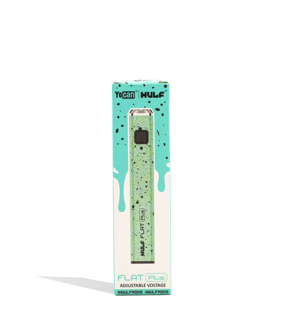 Teal Black Spatter packaging Wulf Mods Flat Plus Cartridge Battery on white background