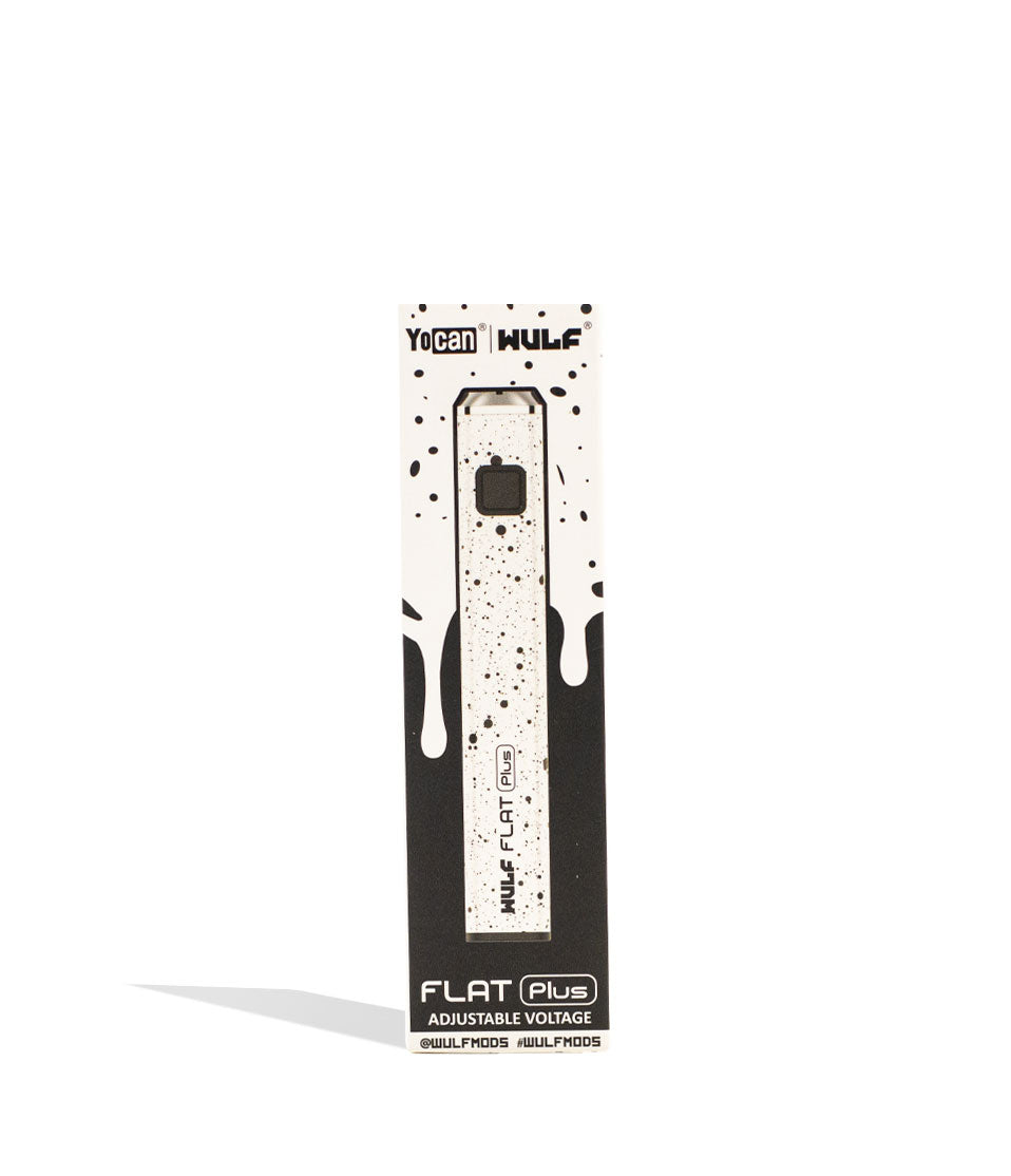 White Black Spatter packaging Wulf Mods Flat Plus Cartridge Battery on white background