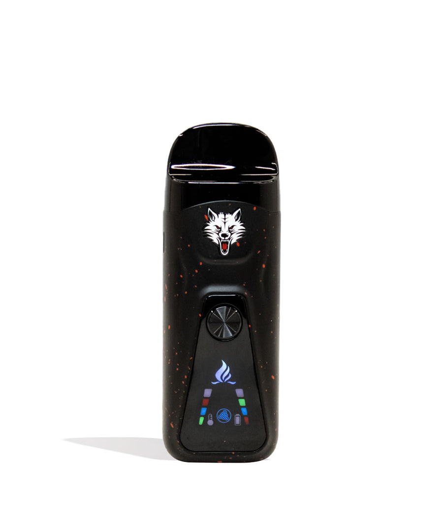 Black Red Spatter Wulf Mods Flex Dual Use Concentrate and Dry Herb Vaporizer Front View on White Background