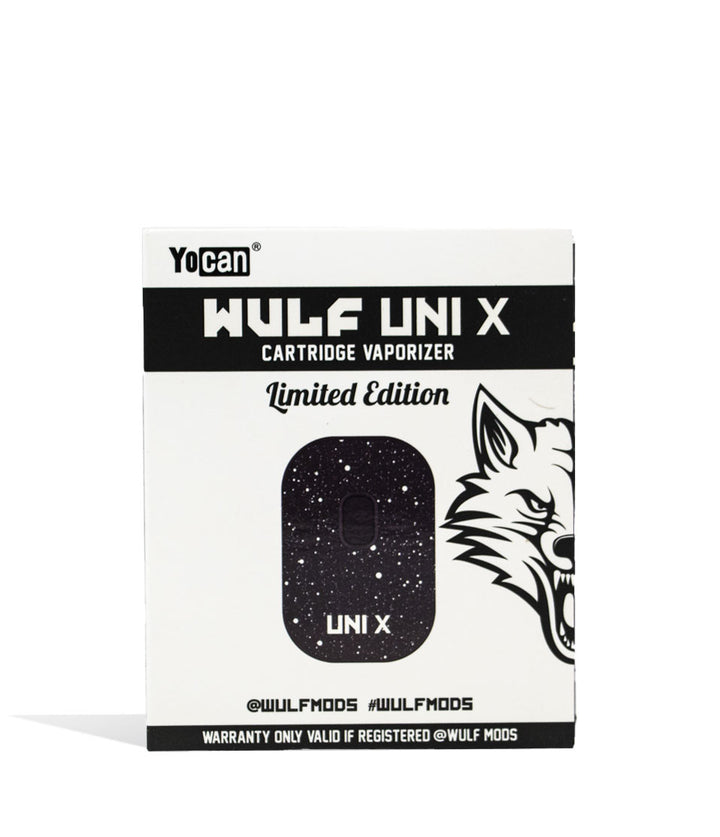 Black White Spatter packaging Wulf Mods UNI X Cartridge Vaporizer on white background