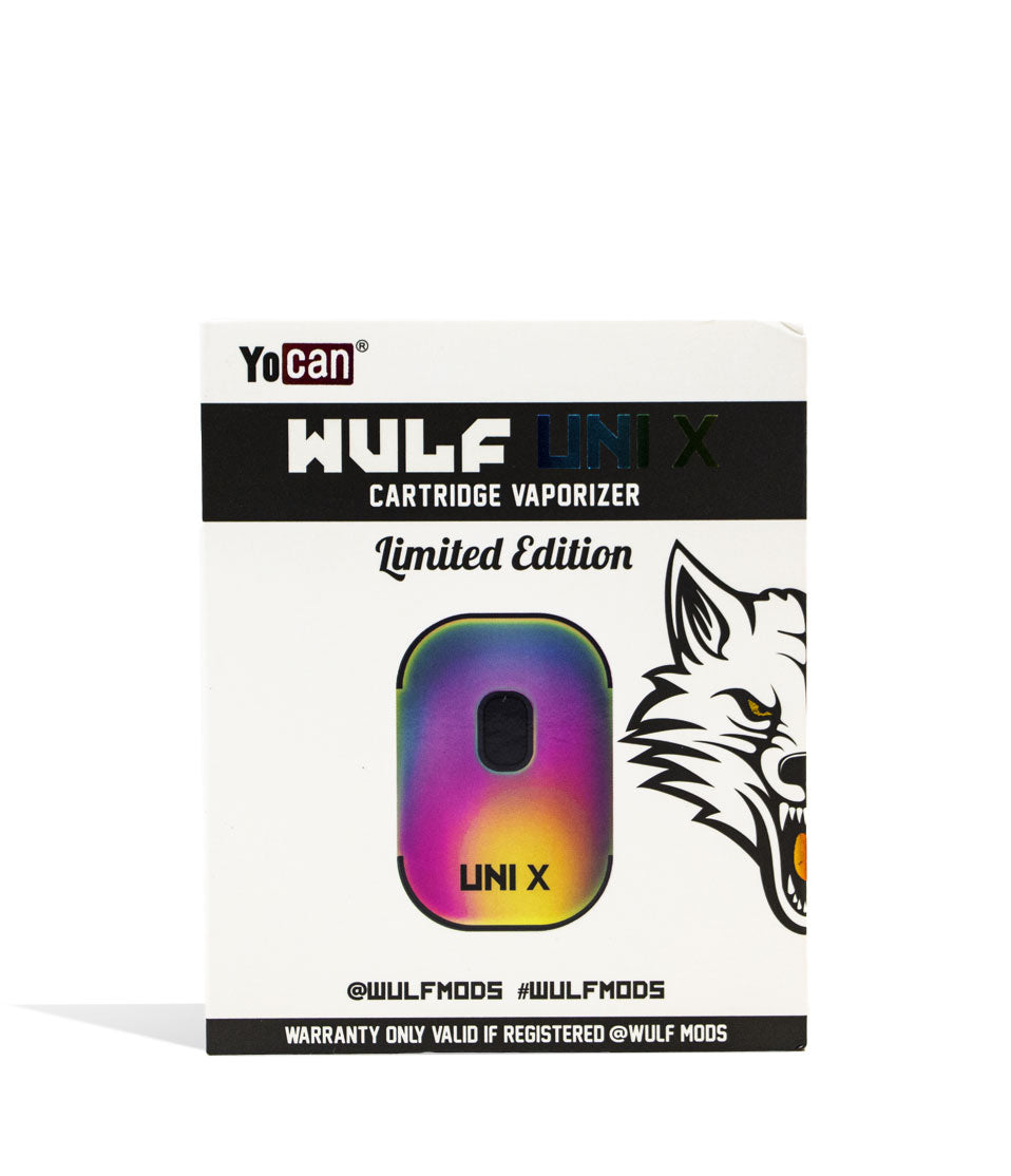 Full Color packaging Wulf Mods UNI X Cartridge Vaporizer on white background