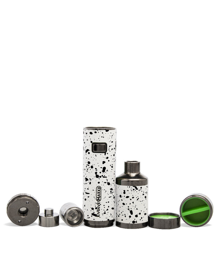 White Black Spatter Wulf Mods Evolve Maxxx 3 in 1 Kit Wax Pen Apart View on White Background