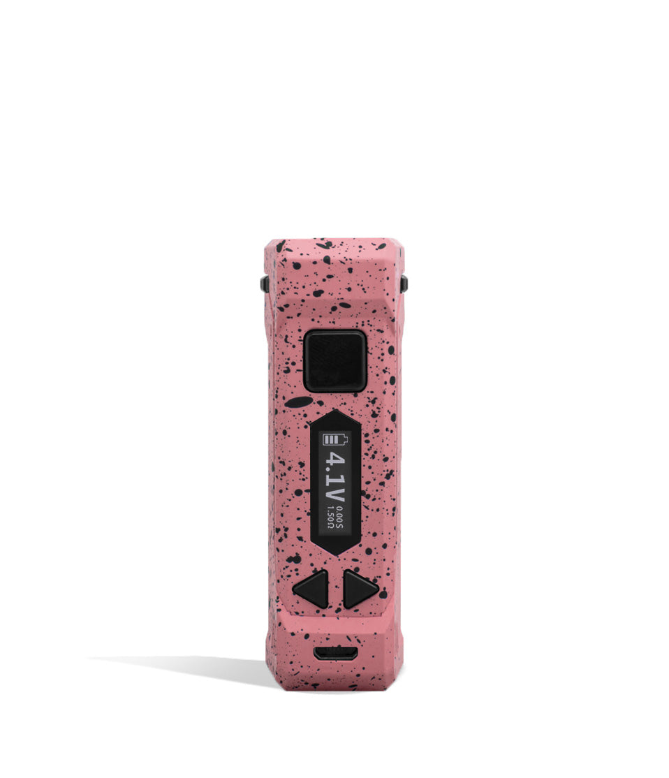 Pink Black Spatter Wulf Mods UNI Pro Adjustable Cartridge Vaporizer Face View on White Background