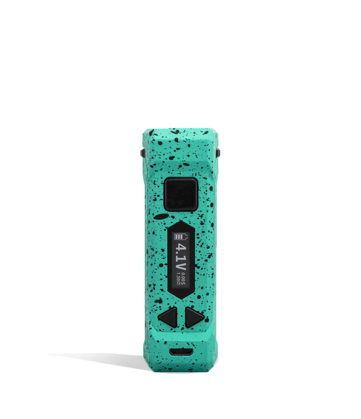 Teal Black Spatter Wulf Mods UNI Pro Adjustable Cartridge Vaporizer Face View on White Background